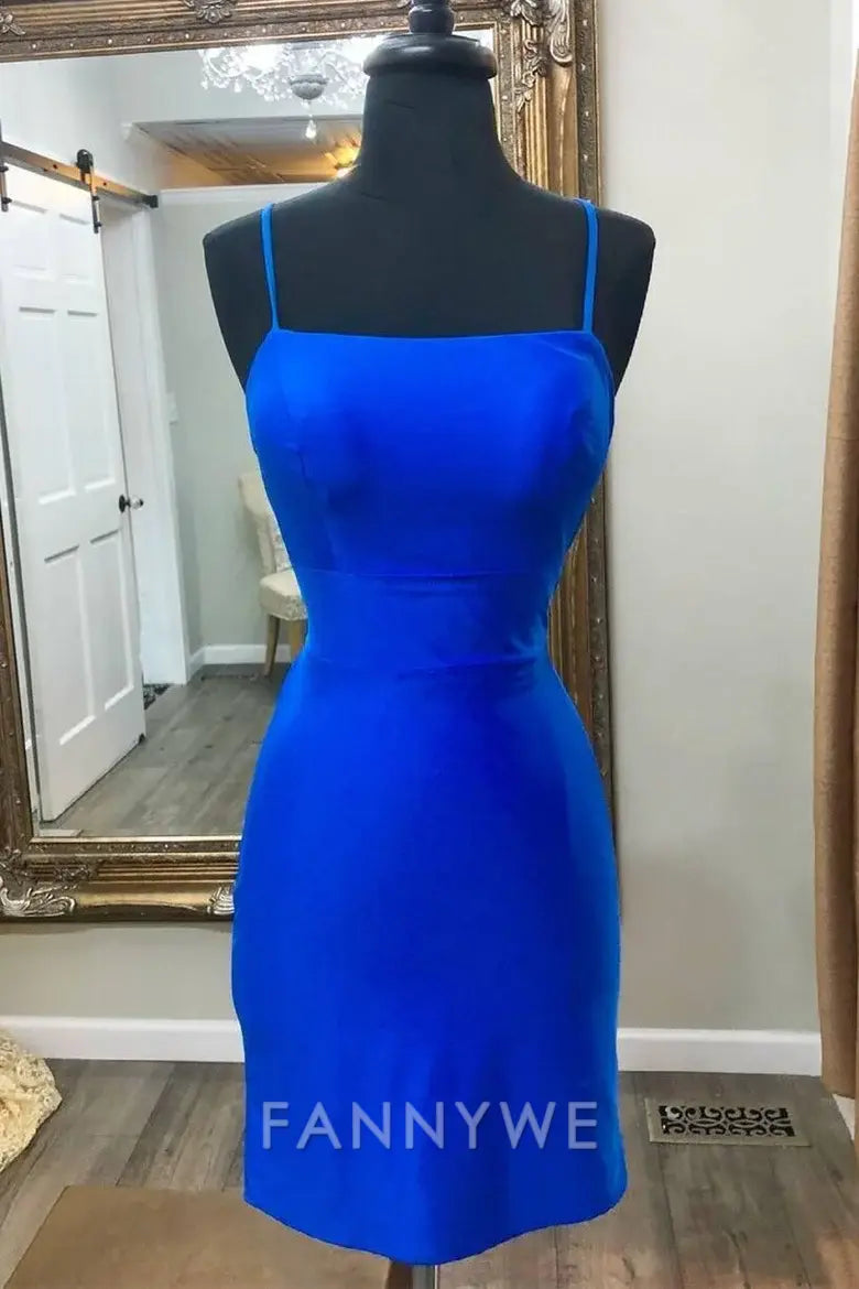 FannyWe Simple Tight Spaghetti Straps Scoop Satin Mini Party Homecoming Dress formal wear dresses